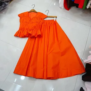 Factory Wholesale Spring Summer 2 Pieces Set Women Sleeveless V-Neck Ruffles Short Top + Midi Skirt Solid Casual Female Set