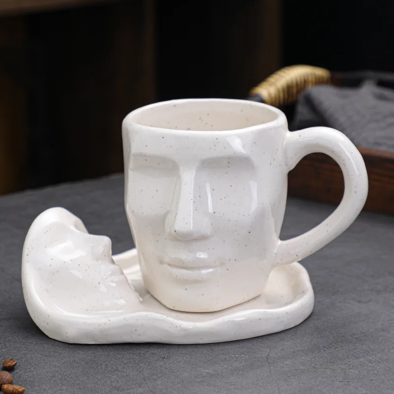 European Human Face Ceramic 3d Mug with Saucer Hand Made Emboss Ceramic  Coffee Mug Set Custom Logo