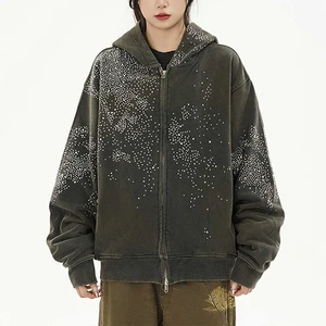 OEM High Quality Oversize Vintage Distressed Acid Wash Women Hoodie Full Zip Face up Hoodie Custom Rhinestone Women