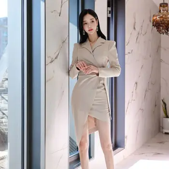arrivals 2022 new spring clothes Korean fashion style elegant and thin sexy long irregular lapel design sense dress