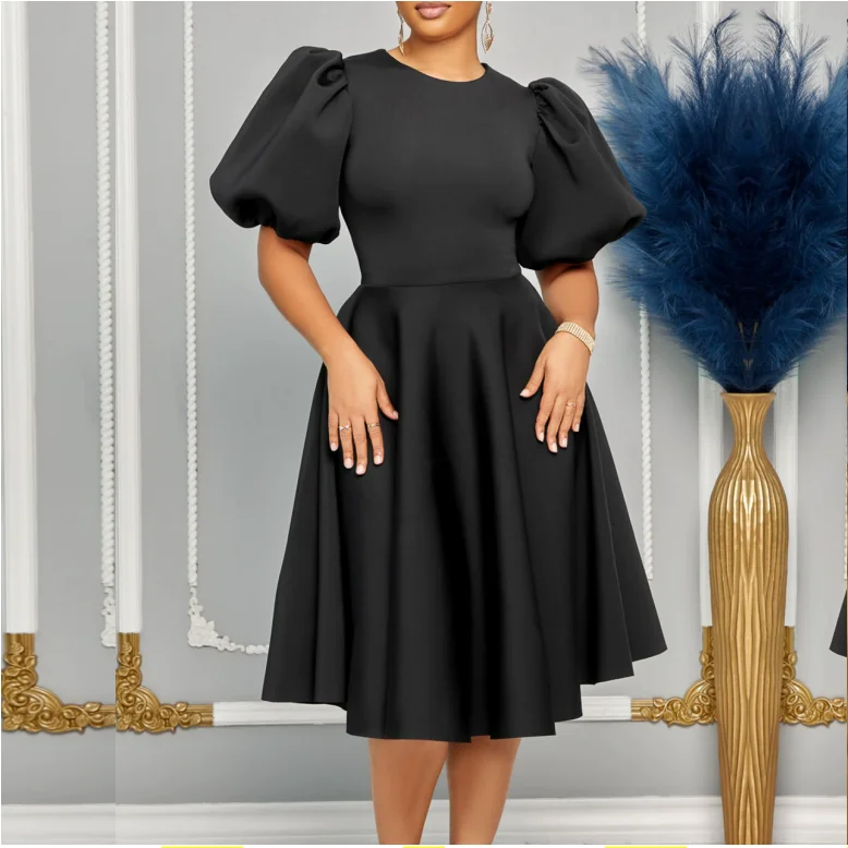 S-3XL Round Neck Bubble Sleeve Dress Waist up Grand Dress Short Sleeved  Knee Length A-line Dress