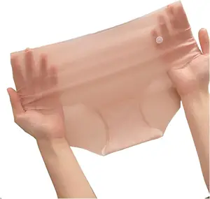 Women's Seamless Transparent Underwear No Show Thongs Embroidered Solid Everyday Boyshort Ultra-Thin Breathable Ice Silk Panties