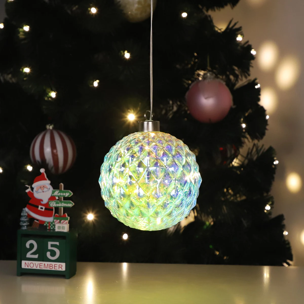 Customized Battery Supply Hanging Decorative Glass Led Glowing Ball For Xmas Holiday Decoration