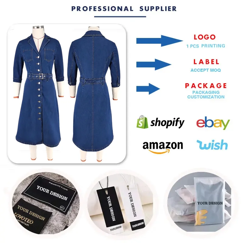 Y218669 Trendy Denim Dresses for Women Single Breasted Suit Collar
