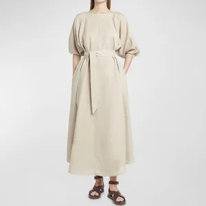 Custom High Quality Casual Summer/Spring Woven Natural Blend Fabric O-neck Cotton Linen Midi Dress for Women