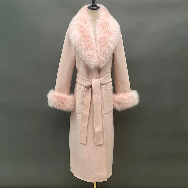 Custom Fox Fur Collar Cuffs Long Cashmere Trench Coat