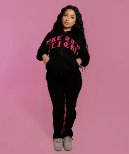 Womens Two Piece Set Vintage Hoodie Jogger Streetwear Affixed Cloth Embroidery Cotton Custom Logo Oversized Cropped Distressed