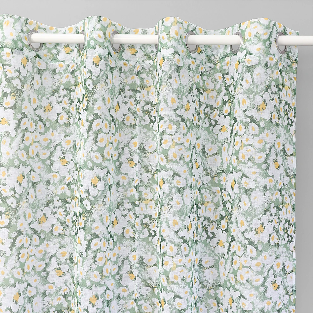 Voile Printed Sheer Curtains European Abstract Style Blue and Green Leaves Print 2 Panels Pair for Home Window Decoration