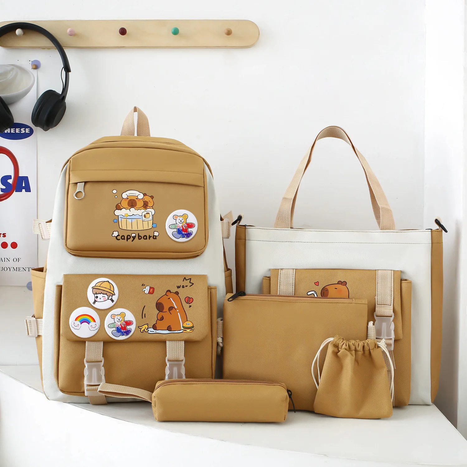 Large Capacity Cartoon Canvas Five Piece School Bag Set with Cosmetic Bag, YIMWNYI 5-Piece Large Capacity Canvas Backpack Set with  main image 4