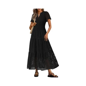 Summer Women's Chiffon Floor-Length Short Sleeve V Neck Solid Casual Long Flowy A-line Beach Dress
