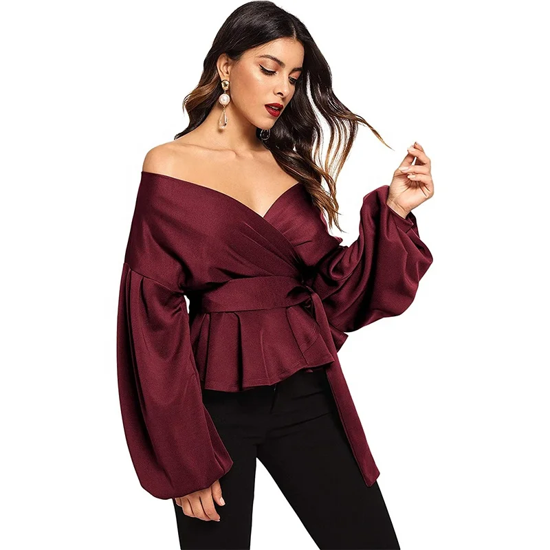 MANNI Long Sleeve V Neck Ruffle Blouse Burgundy Women's Blouses