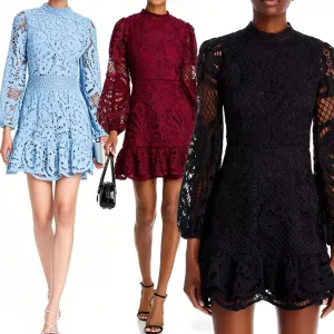 Elegant Delicate Lace Mini Dress Intricate Floral Cutouts Sheer Long Sleeves Ruffled Hem Vacations Woven Natural