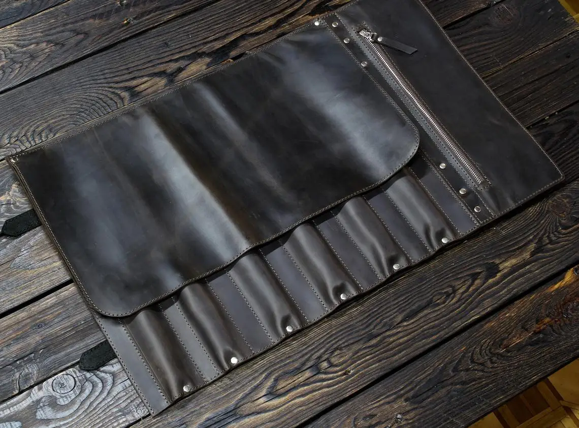 Leather Knife Roll Kit Custom Tool Storage Bag Genuine Leather Air & Sea Lightweight Lifetime Puratan Unique Tool Storage