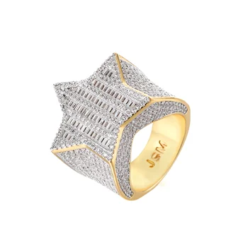 Jasen Jewelry Hip Hop Two Tones Plated Iced Out Bling Micro pave Mens Bagutte CZ Silver Star Jewelry Ring for men