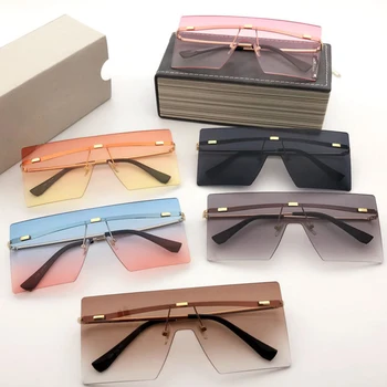 Custom Logo Luxury Womens Clear Rimless Big Square Frame Shades Sun Glasses Sunglasses 2021