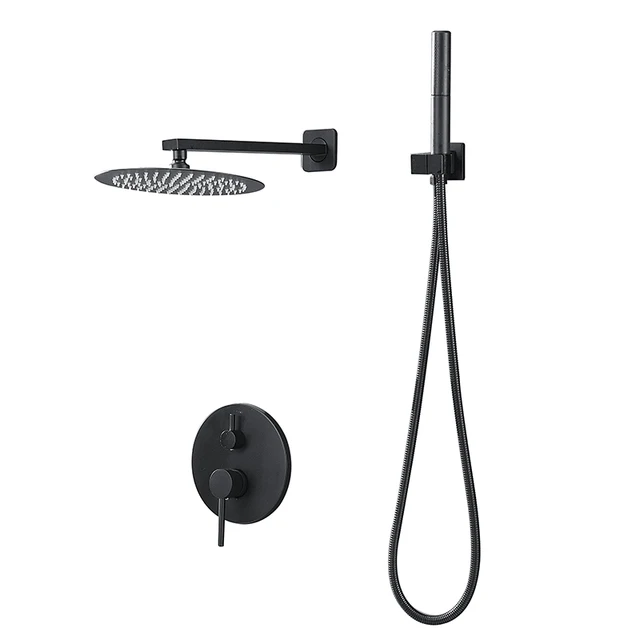 10 inch black round rainfall shower system wall mount bath Shower faucet Stainless steel Concealed shower set