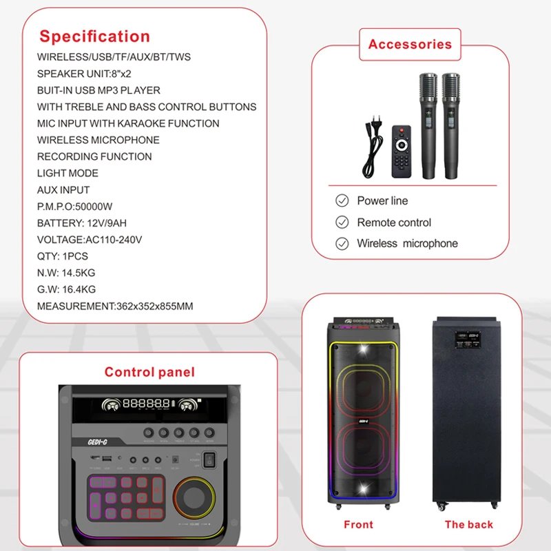 Wholesale 8'' Bluetooth Party Speaker with Microphone, LED Lights