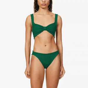 Bikini Swimsuit Manufacturer Women Custom Crinkled-texture Bikini Plunge Neck Beachwear Sexy Bathing Suit 2 Pieces Swimwear