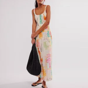 Manufacturer Wholesale Summer Sleeveless square Neck Ladies Dresses Custom Allover Printed Women Pleated Floral Maxi Dress
