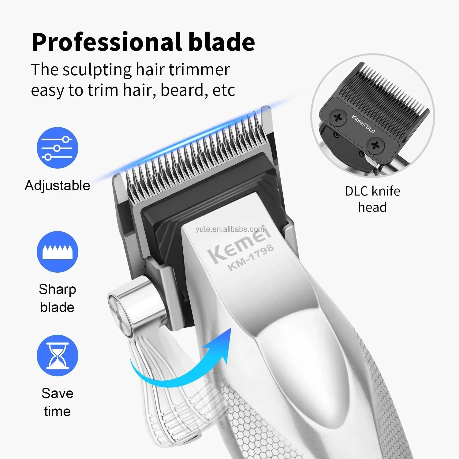 Tondeuse &agrave; cheveux Kemei KM-1798 Real Material avec lame rev&ecirc;tue DLC, base de chargement sans fil et station de charge USB, 9000 tr/min.