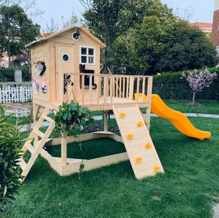 Детский игровой домик из массива дерева b & B, большая уличная вилла, садовый домик, горка, песочный бассейн