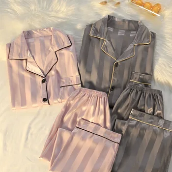 Spring and Summer Ice Silk Long-sleeved Pajama Set Comfortable and Casual Home Wear Unisex and Suitable for Couples