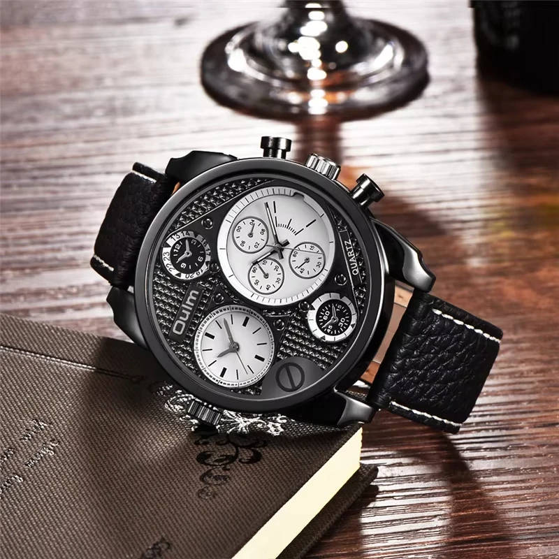 OULM 9316 Vintage Style Triple Time Zone Wristwatch for Men