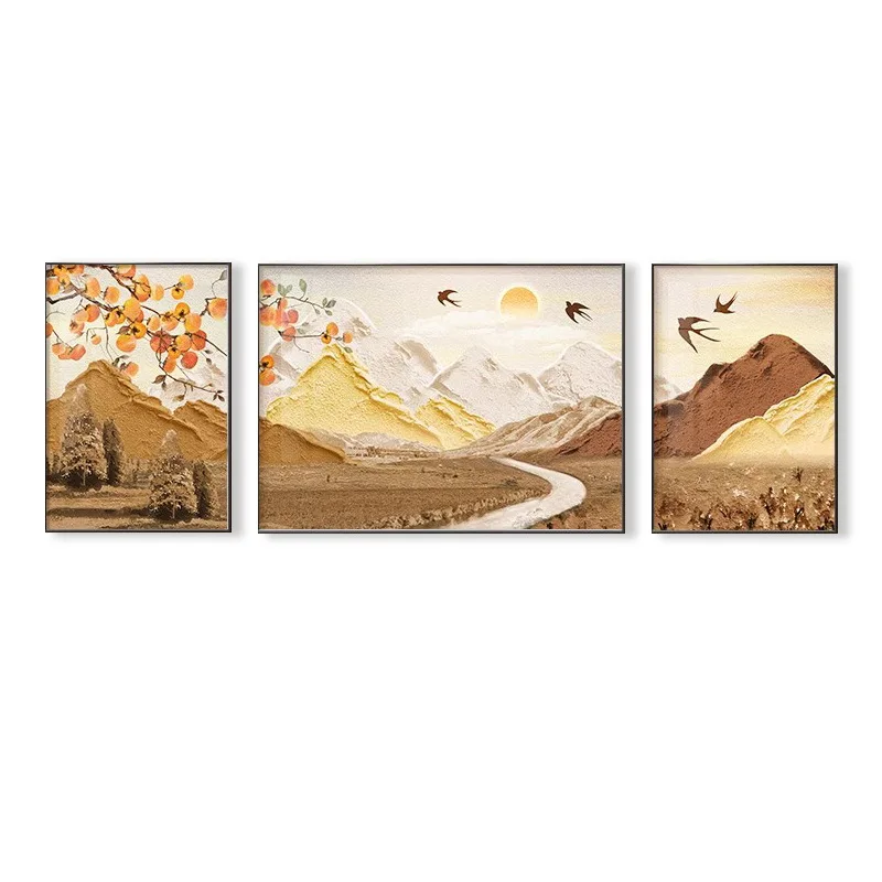 Ginkgo Forest Mountain Wall Art Canvas Print Golden Deer Sunset River Winding Path Nature Landscape Neutral Earthy Tones