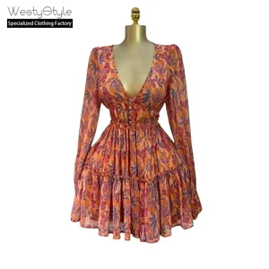 Women's Casual High Waist Slimming Short Skirt Fresh Printed V-Neck Dress Spring New Collection Natural Front Chiffon Fabric Day