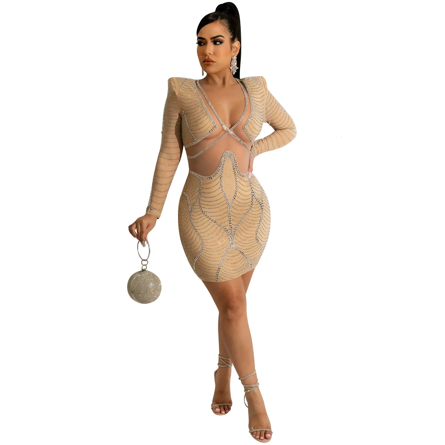 Sexy Sparkly Birthday Dress for Women Rhinestone Evening Elegant Short  Dress Long Sleeve Tight Bodycon Party Prom Mini Dress