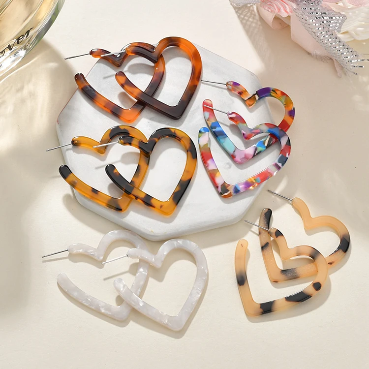 Fashion Jewelry 38mm Acrylic Lucite Love Heart  Earrings Open Heart Hoop with Stainless Steel Stud Earrings for Women