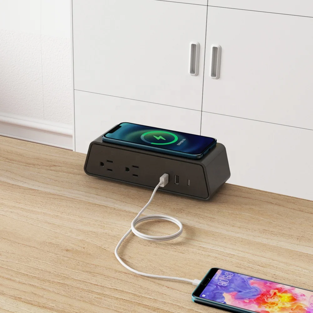 Premium Wireless Charging Tabletop Power Clamp US Standard Power Strip for Office Home Office School Socket