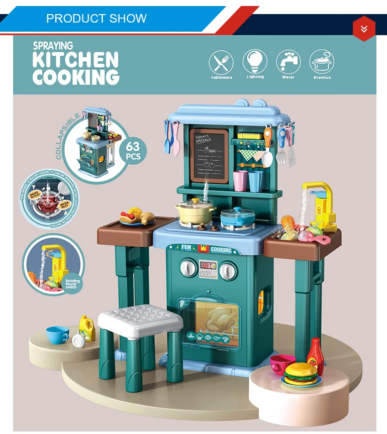 2 in 1 B/O Mist Spray Happy Kitchen Toys Cooking Kitchen Cabinet Table Toy Big Toy Kitchen Set