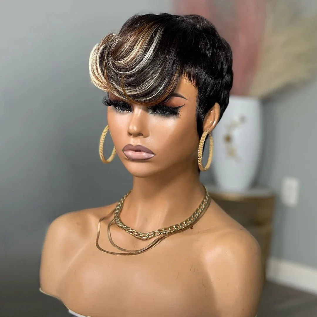Short Pixie Cut Human Hair Highlight Blonde Green Bob Wigs 613 Burgundy 99J Brown Lace Front Machine Wig_voghion.com