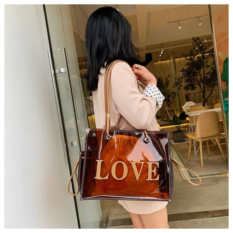 2pcs/set Oem Luxury Transparent Jelly Tpu Women Beach Tote Bag Custom Ladies Clear Handbag Girl Shou