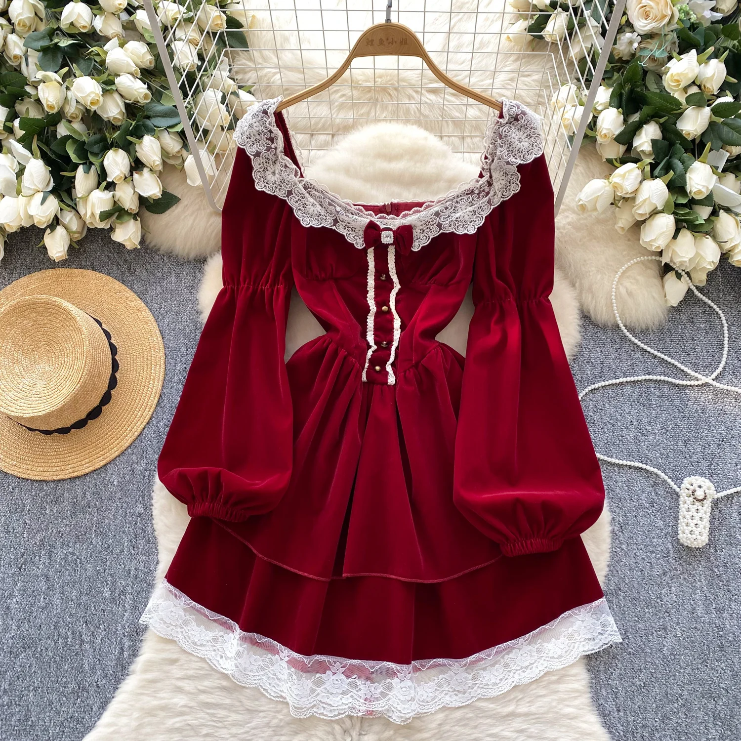 Spring Roman Tunic Casual Midi Dress For Women Puff Sleeve Empire Patchwork  Lace Dress