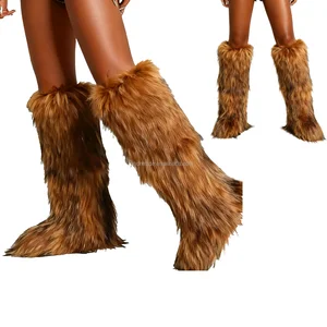 BUSY GIRL RS9253 Brown Women's Winter Fur Boots 2026 Women's Brown Faux Fur Knee-High Boots Warm Winter Boots Shoes Party Daily