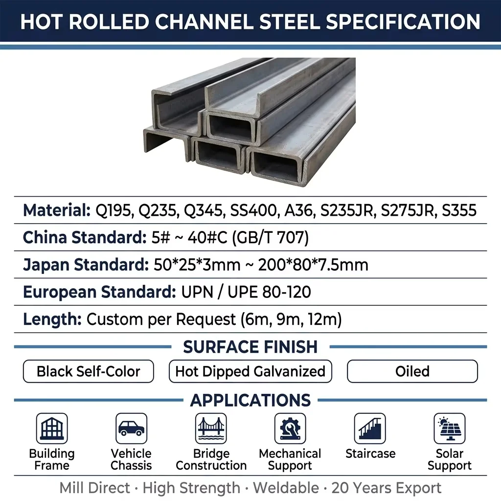 High Strength S355 Hot Rolled Steel Channel 160x65x8.5mm for Truck Chassis Factory Price