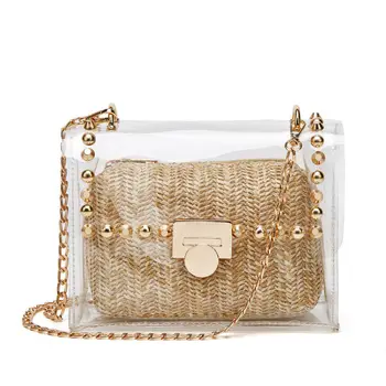 Hot Sell Best Womens Clear Purse Handbags Satchel Transparente Bolso Cadena Clear Pvc Handbag With Straw Bucket Set Beach Bag