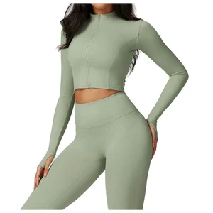 Women's Seamless Yoga Set Long Sleeve Crop Top and Leggings Workout Outfit