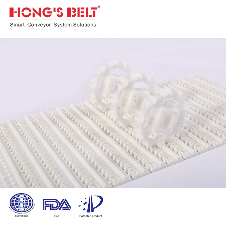 Hongsbelt White Plastic Material Modular Conveyor Belt with Pop-up Flight  for Inclined Conveyor