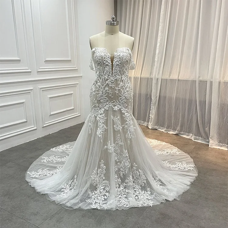Wholesale Full Lace Bridal Off Shoulder Glitter Tulle Beaded Gown Custom  Plus Size Mermaid Plunge Wedding Dress With Veil