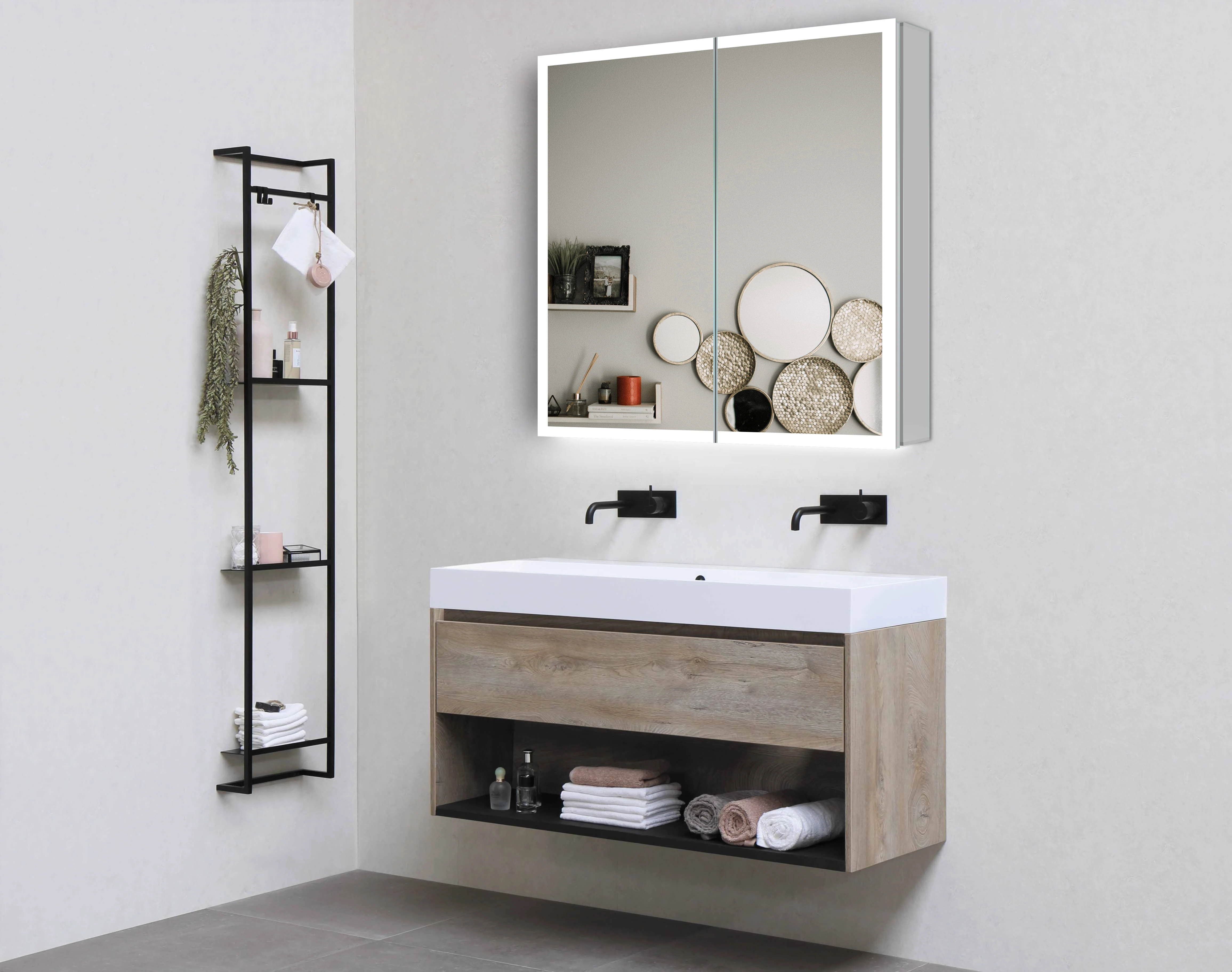 High-End Acrylic diffuser bath toilet storage double sided two doors smart touch mirror cabinet LED