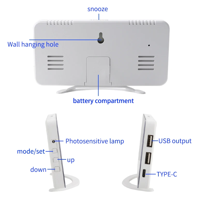 Big Display Digital Clock RGB Color Font with Two USB Ports Charging Travel LED Mirror Alarm Clock for Bedside