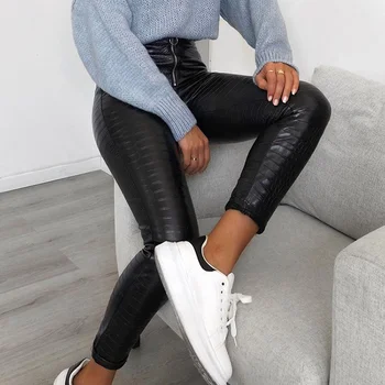 Casual High Waisted PU Leather Pants With Zippers Skinny Women's Clothing Pencil Trousers
