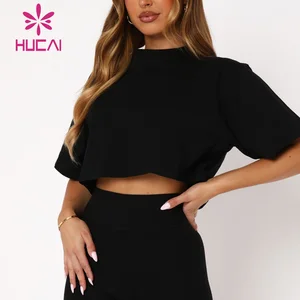 HUCAI OEM Sexy Ladies Loose Cotton Custom logo Printed  Short Active Workout Oversized Gym Crop t Shirt for Women