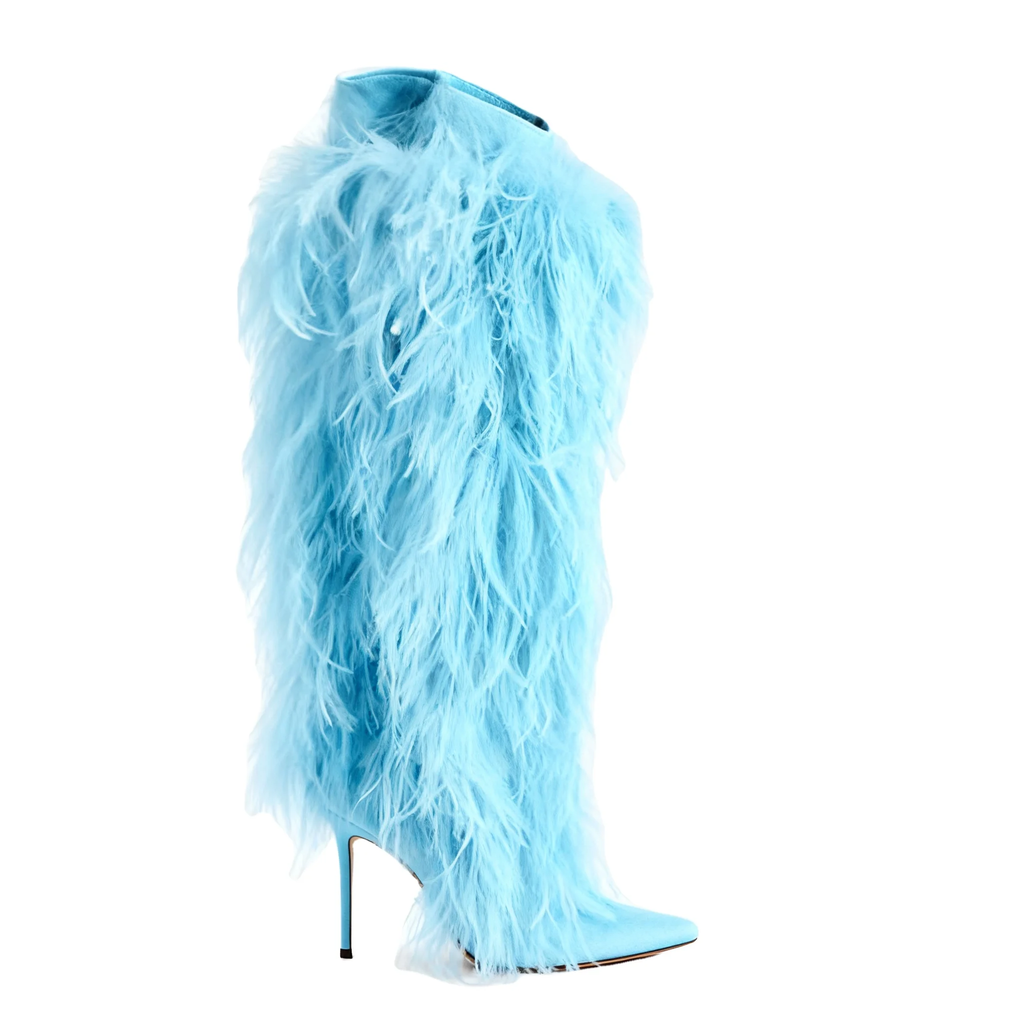 Factory OEM Pointed Toe Over-the-Knee Winter Custom Designer High Heels Fur Boots Women Shoes Luxury Real Ostrich Feather Boots