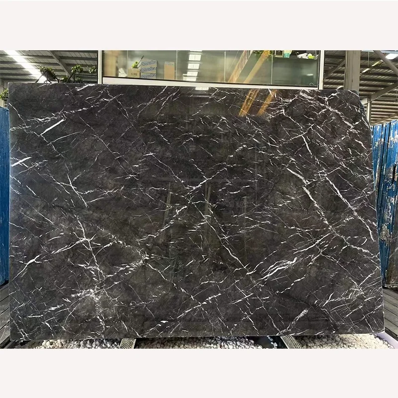 Slab Kalsit Grigio Carnico Abu-abu Gelap Alami, Ubin Lantai Kalsit Abu-abu Berkilap, Slab Marmer Abu-abu Berkualitas Tinggi untuk Desain Interior