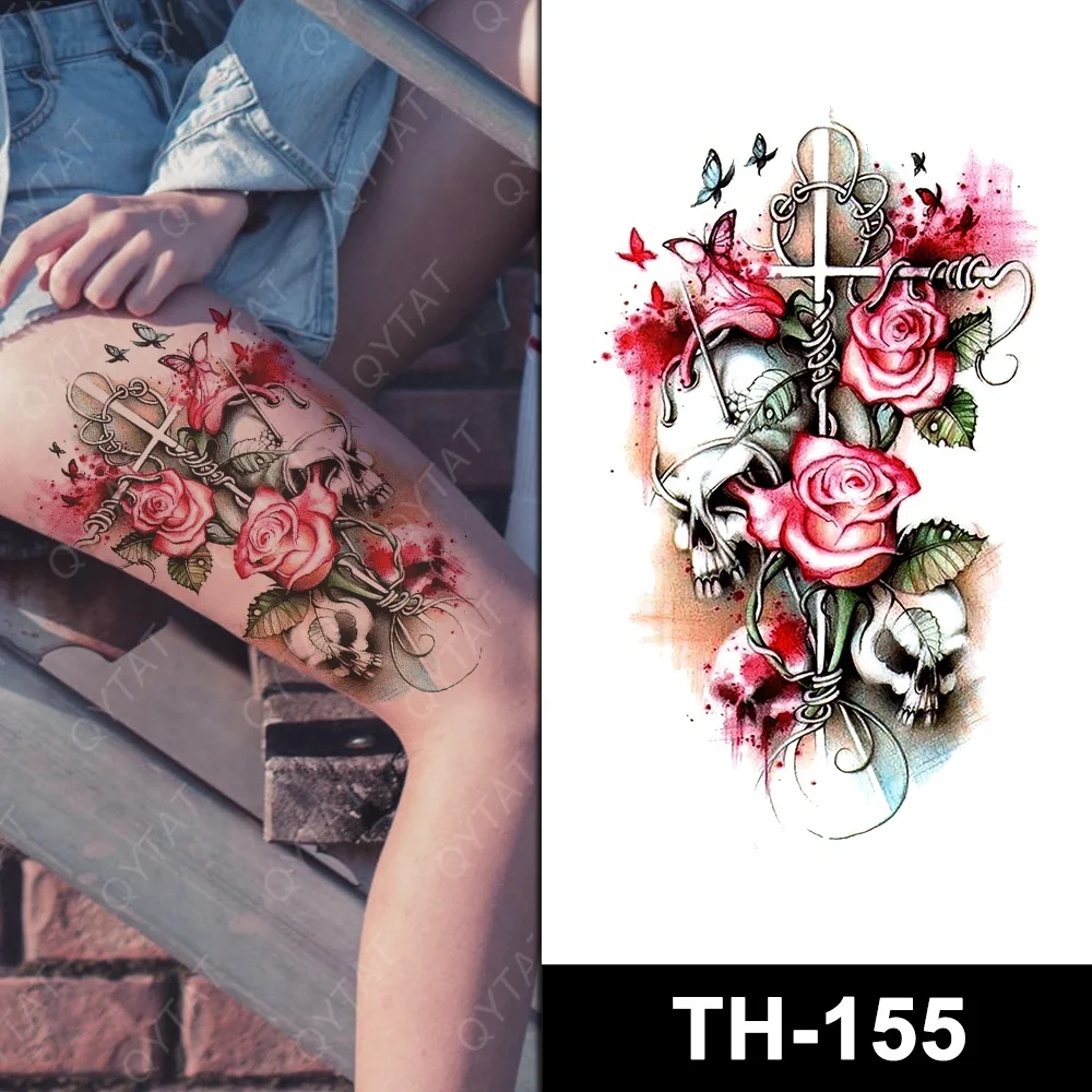 Stock Naked Woman Body Art Popular Water Transfer Beautiful Temporary Colourful Ink Printing Fake Flower Rose Tribal Tattoos