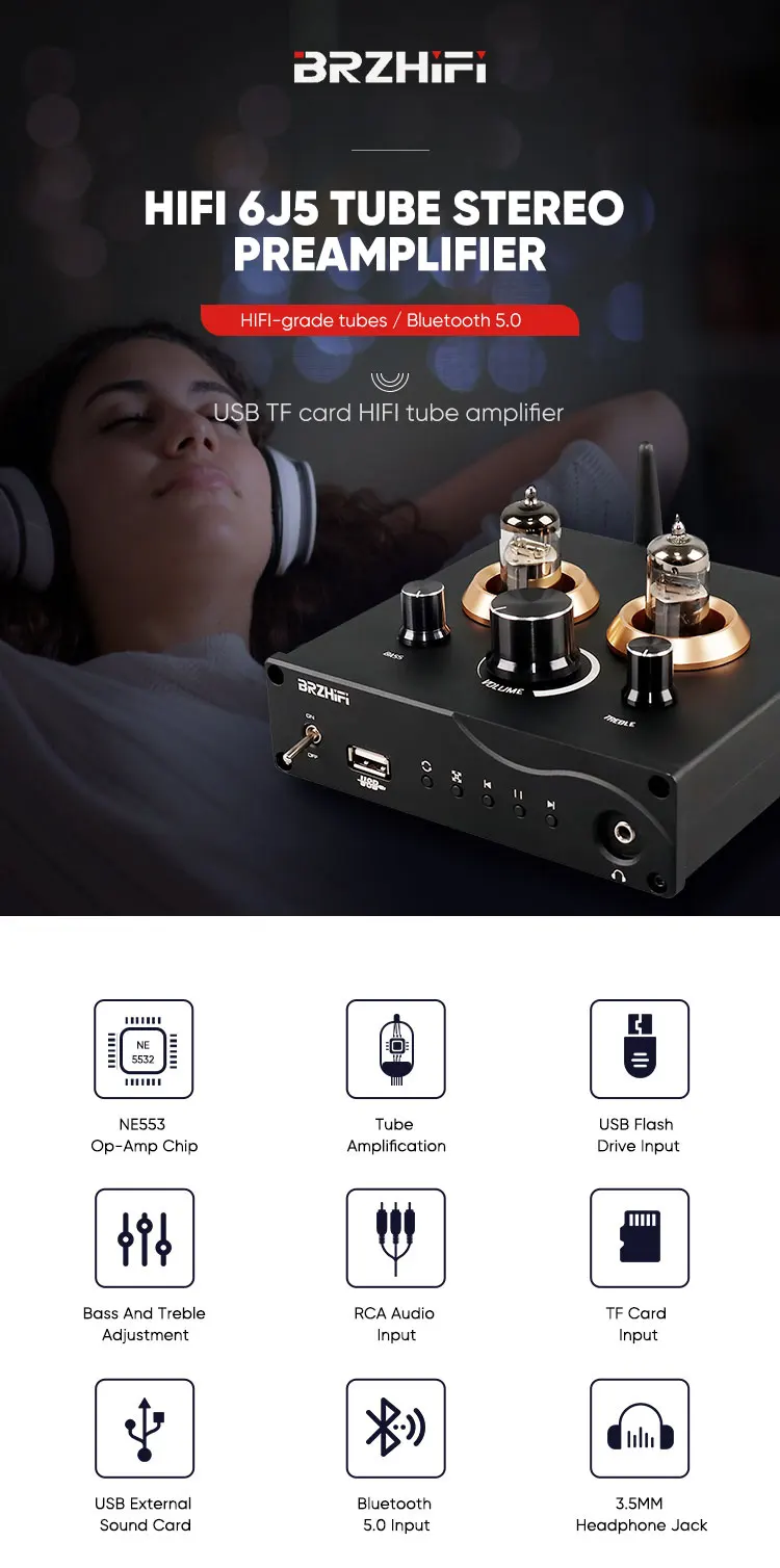 BRZHIFI F5 Tube Preamplifier BT5.0 Lossless Player Headphone Amplifier APP Remote Control And Digital Turntable Stereo HIFI Amp factory